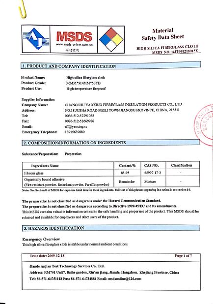 China Changshu Yaoxing Fiberglass Insulation Products Co., Ltd. certification