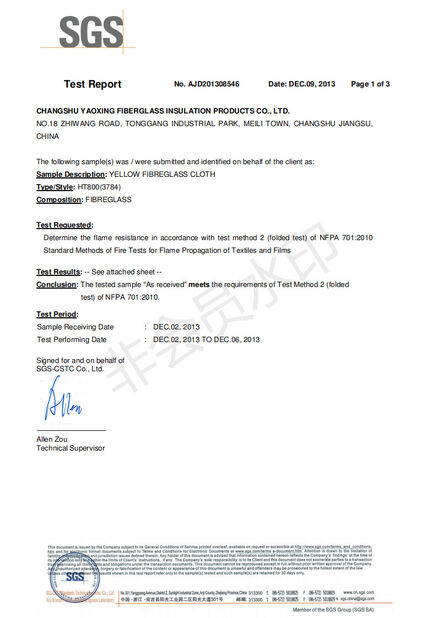 China Changshu Yaoxing Fiberglass Insulation Products Co., Ltd. certification